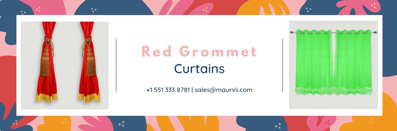 red grommet curtains with golden fringe