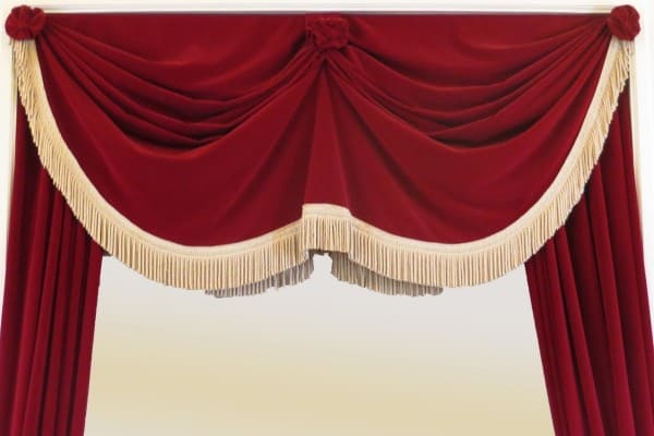 Burgundy colour swag valance with golden bullion fringe